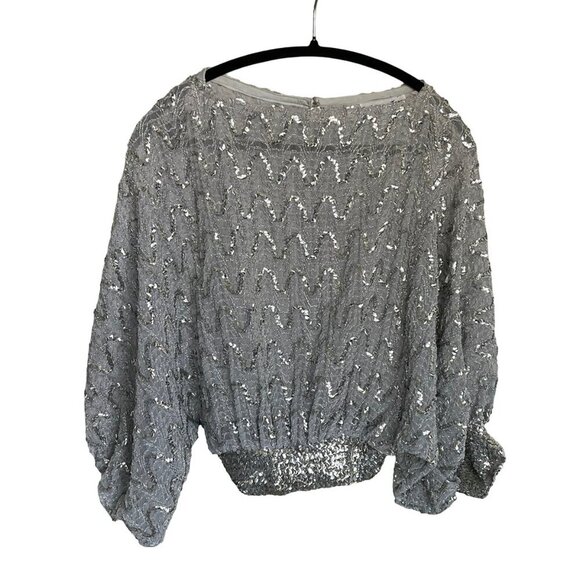 St. MARTIN Silver Wavy Sequin Crop Top Dolman Sleeves Glam Retro Disco Party Med - Picture 1 of 16